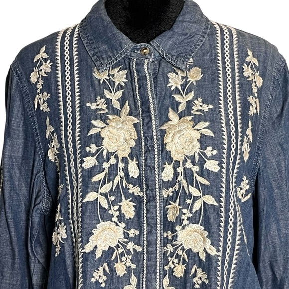 Sundance Driftwood Auger Falls Chambray Denim Floral Embroidered Shirt — Sz S - Picture 3 of 12